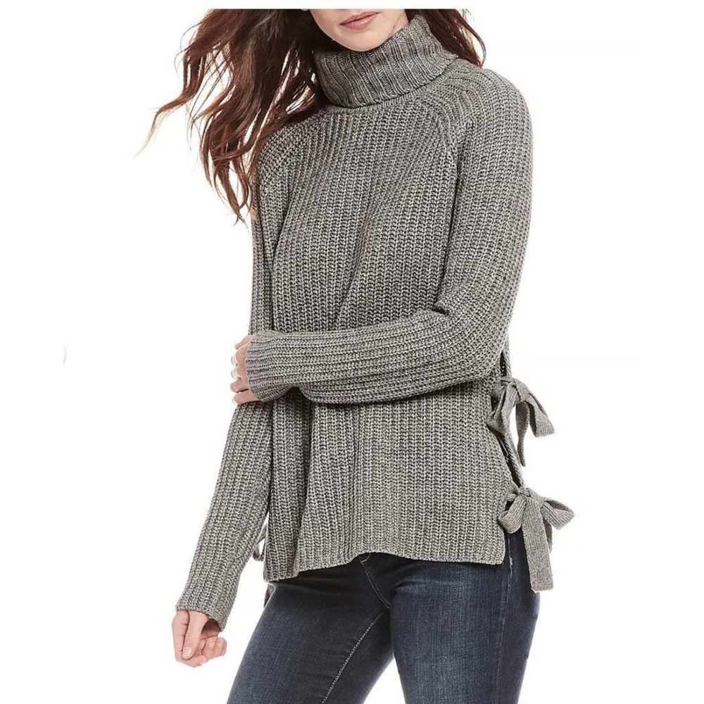 Ugg Ceanne Gray Chunky Knit Turtleneck Sweater Side Bow Ribbed Pullover - S